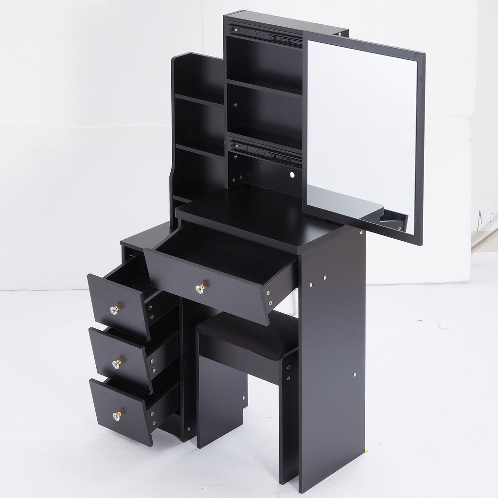 29.2' Small Space Left Bedside Cabinet Vanity Table + Cushioned Stool, Extra Large Right sliding mirror, Multi Layer High Capacity Storage, Practical Fashionable Dresser, Suitable For Small Space - Grand Goldman Shop