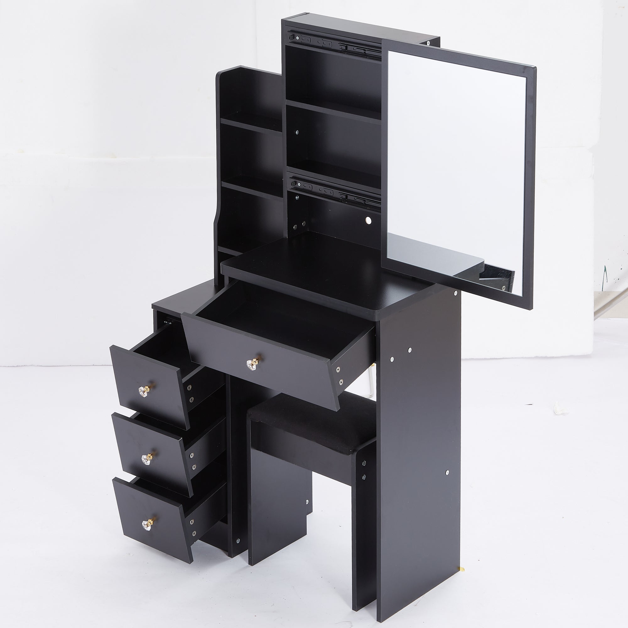 29.2' Small Space Left Bedside Cabinet Vanity Table + Cushioned Stool, Extra Large Right sliding mirror, Multi Layer High Capacity Storage, Practical Fashionable Dresser, Suitable For Small Space - Grand Goldman Shop