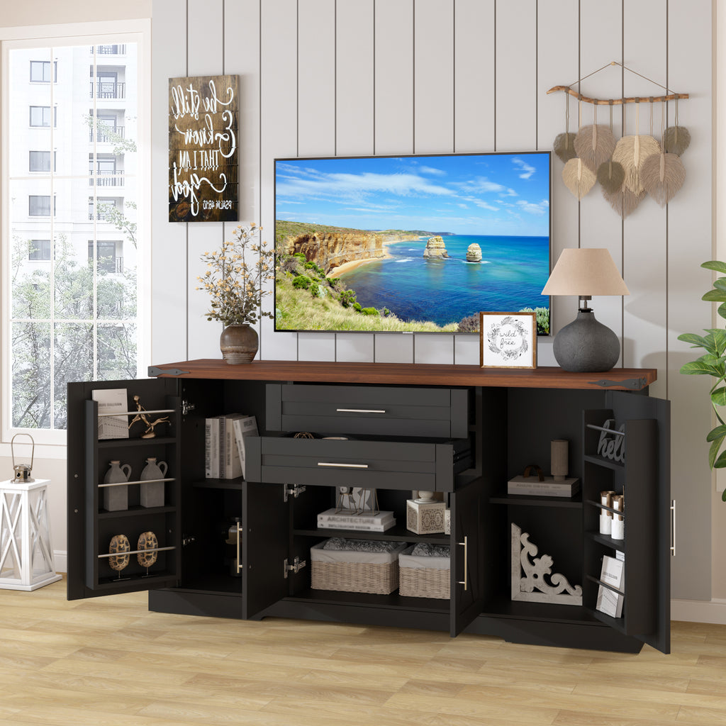 Black Farmhouse Barn Door Storage Cabinet with 2 Drawers & Door Rack, Adjustable Shelves, MDF Construction, 63.11' L x 15.75' W x 32.09' H - Grand Goldman Shop