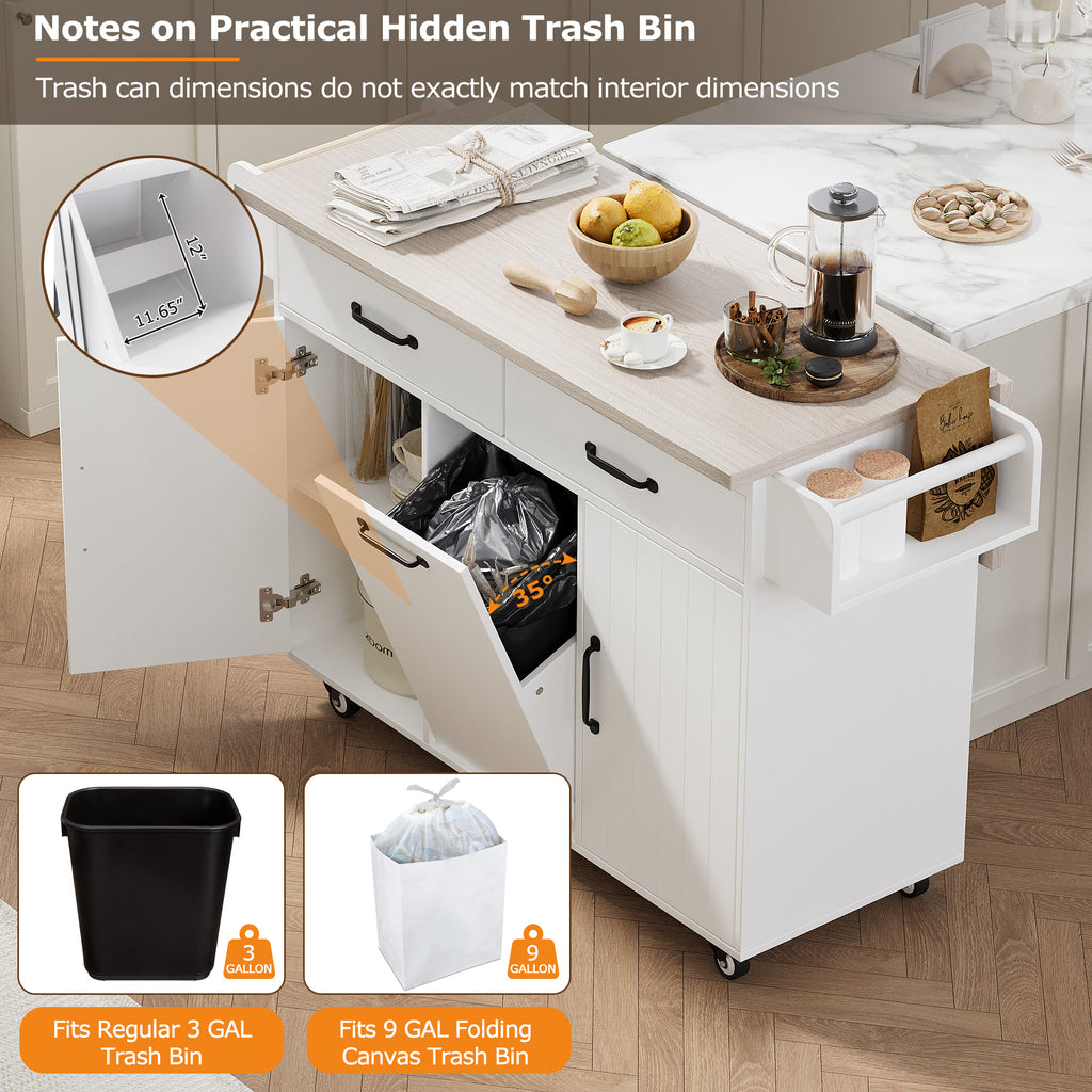 K&K Kitchen Island with Trash Can Storage Cabinet, Kitchen Cart with Drop Leaf, Spice Rack, Towel Rack and Drawer, Rolling Kitchen Island on Wheels with Adjustable Shelf, White - Grand Goldman Shop