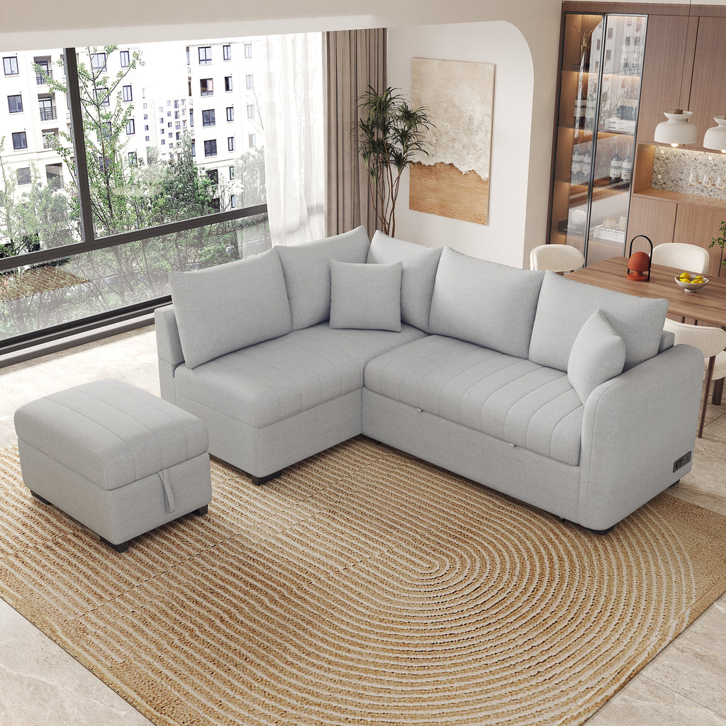 Modern L-shaped Sectional Pull Out Sofa Bed with USB Ports & Storage Ottoman, Gray Jacquard Fabric, 82.6' - Grand Goldman Shop