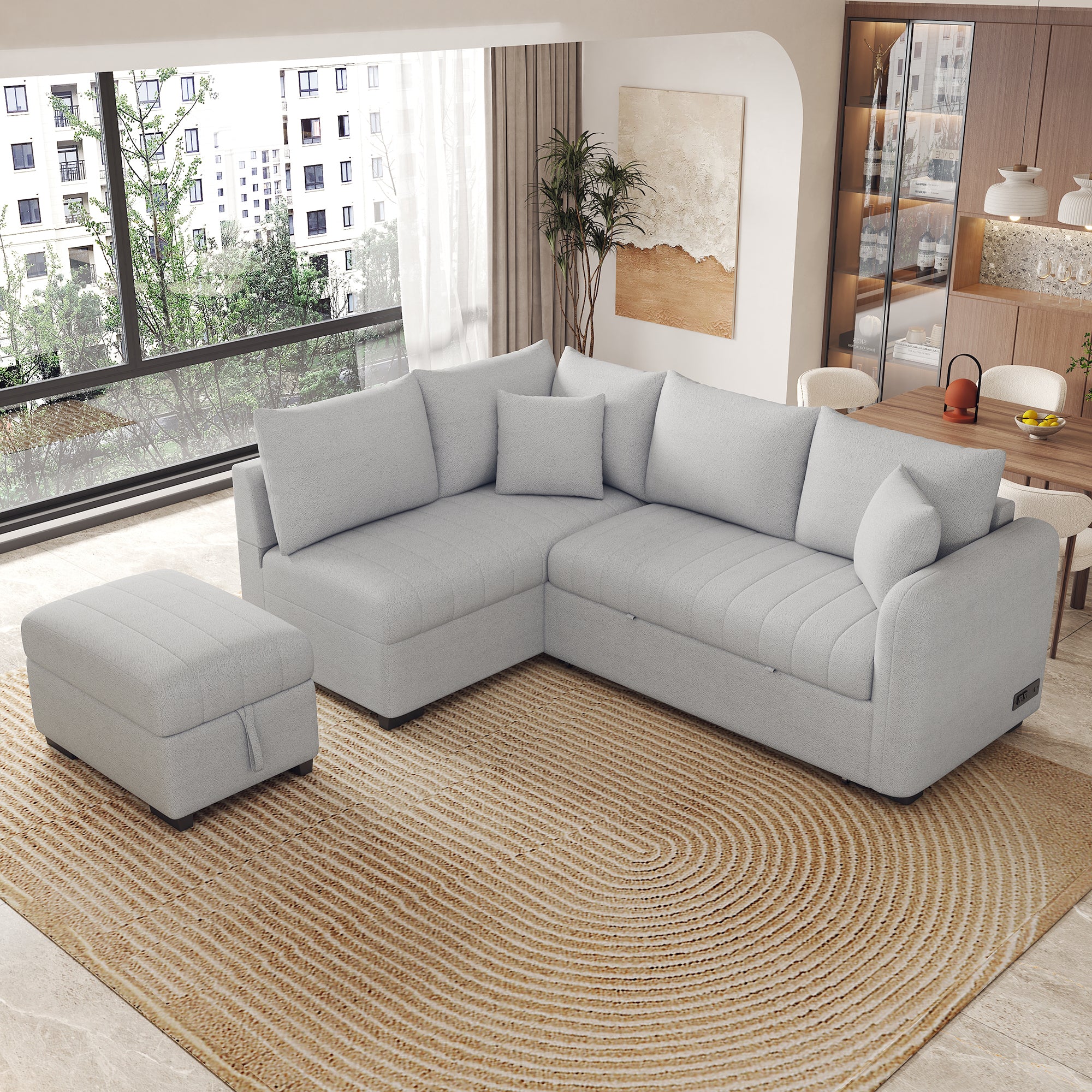 Modern L-shaped Sectional Pull Out Sofa Bed with USB Ports & Storage Ottoman, Gray Jacquard Fabric, 82.6' - Grand Goldman Shop