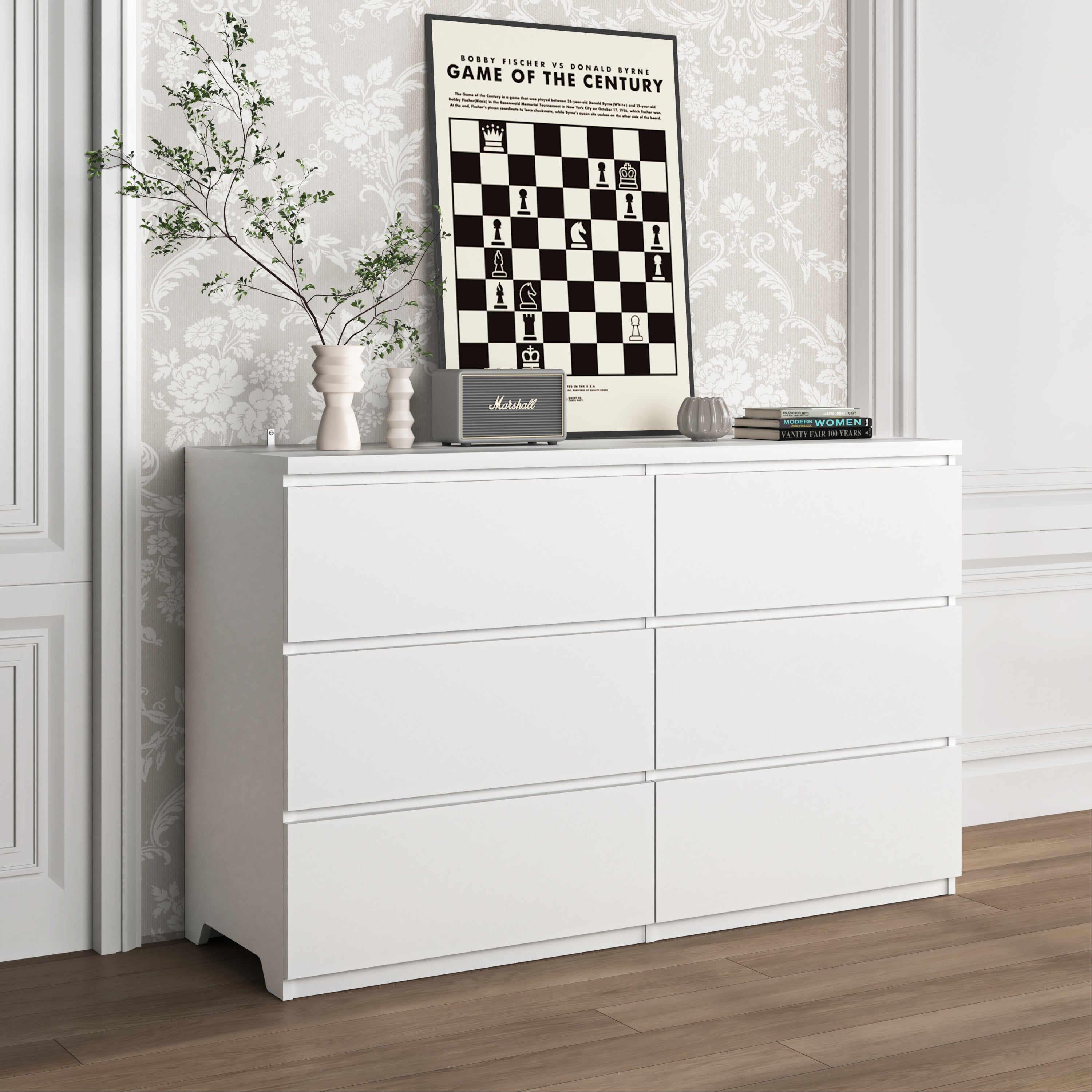 6 Drawer Storage Cabinet ,Dresser, Wood Storage Tower Clothes Organizer, Wide Chest of 6 Drawers, Large Storage Space for Bedroom, Hallway, Entryway Living Room White - Grand Goldman Shop