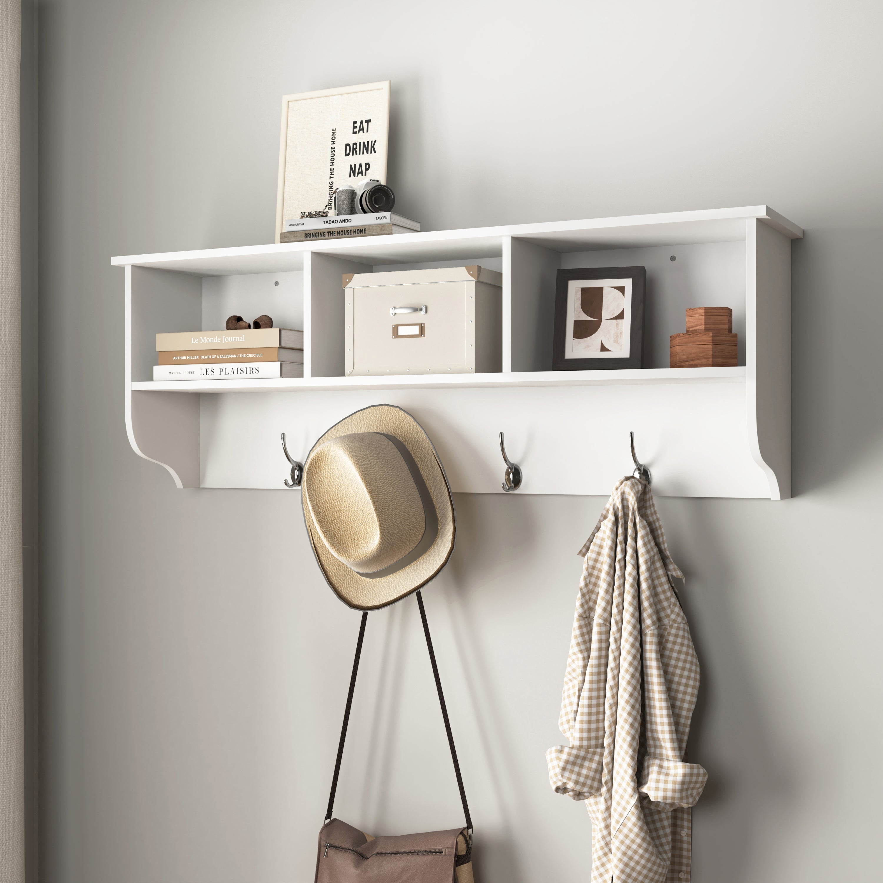 White Entryway Wall Mounted Coat Rack with 4 Dual Hooks Living Room Wooden Storage Shelf - Grand Goldman Shop