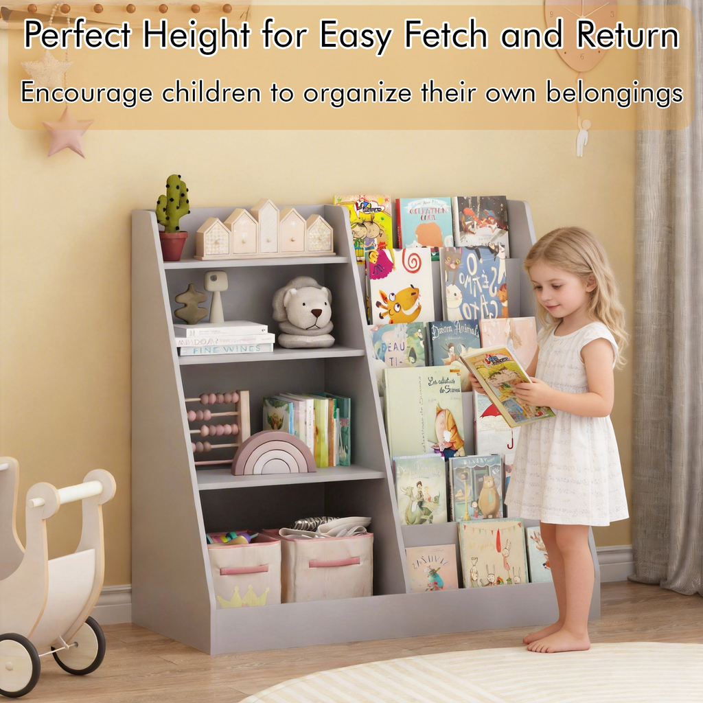 Kids Bookshelf and Toy Storage Organizer, Multifunctional 4 Tier Wooden Kids Book Shelf with  Bookcase Display Stand in Kids 