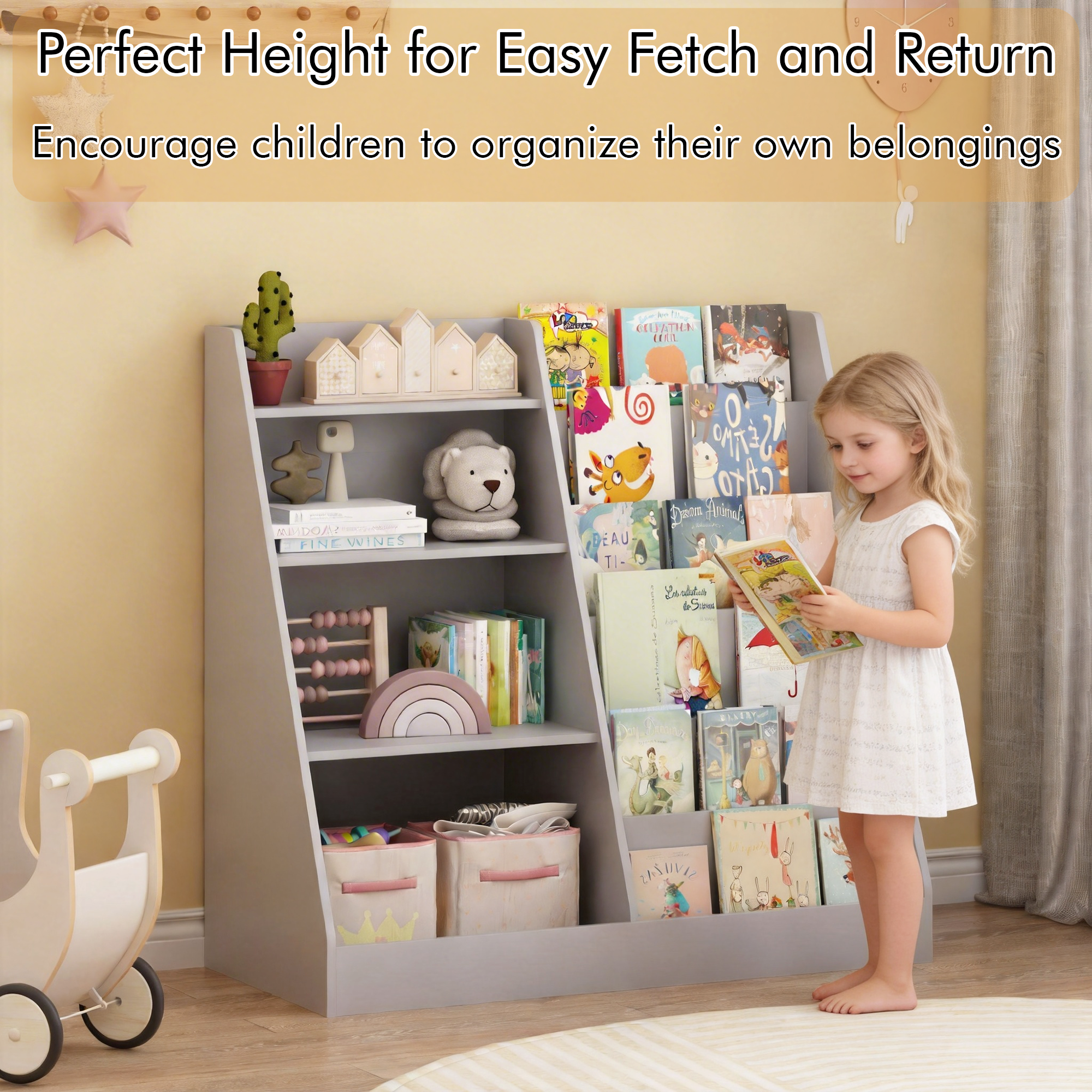 Kids Bookshelf and Toy Storage Organizer, Multifunctional 4 Tier Wooden Kids Book Shelf with  Bookcase Display Stand in Kids 