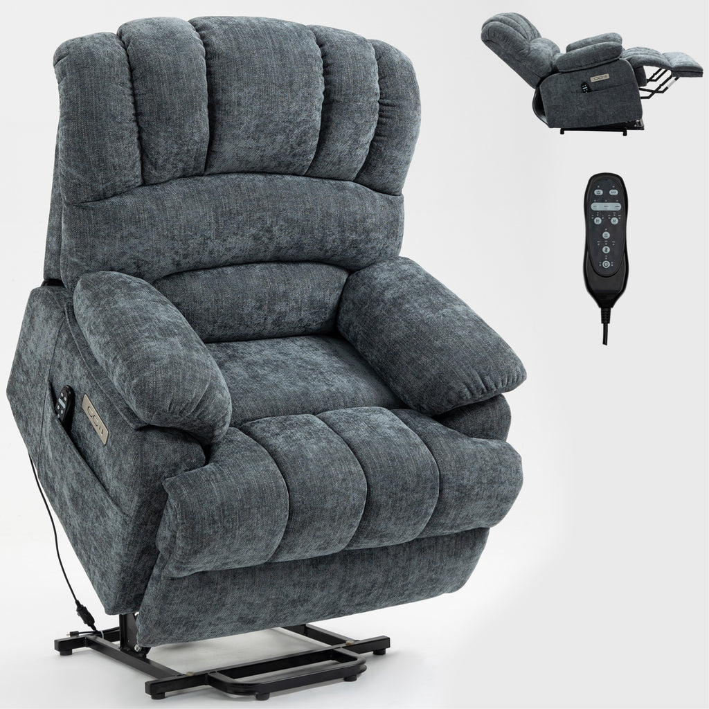 23' Seat Width and High Back Large Size Blue Grey Chenille Power Lift Recliner Chair with 8-Point Vibration Massage and Lumbar Heating - Grand Goldman Shop