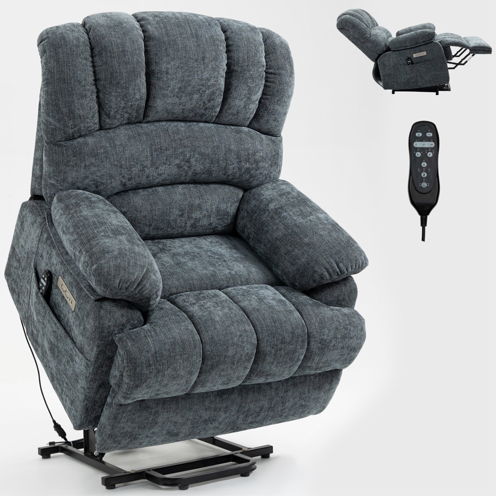 23' Seat Width and High Back Large Size Blue Grey Chenille Power Lift Recliner Chair with 8-Point Vibration Massage and Lumbar Heating - Grand Goldman Shop