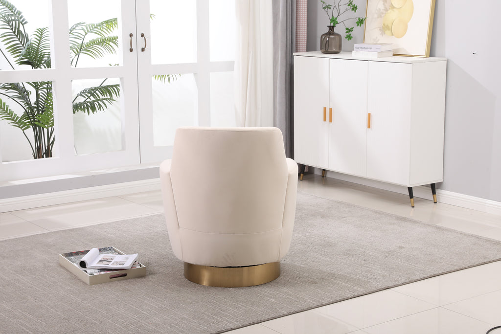 Velvet Swivel Barrel Chair, Swivel Accent Chairs Armchair for Living Room, Reading Chairs for Bedroom Comfy, Round Barrel Chairs with Gold Stainless Steel Base (Beige) - Grand Goldman Shop