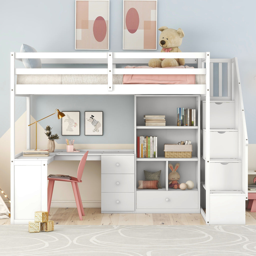 White Twin Size Loft Bed with L-Shaped Desk, Drawers, Cabinet, and Storage Staircase - Pine Wood & MDF - Grand Goldman Shop