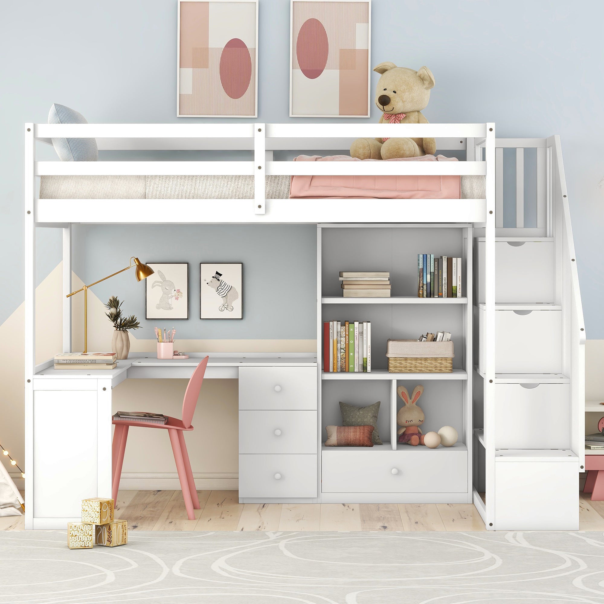 White Twin Size Loft Bed with L-Shaped Desk, Drawers, Cabinet, and Storage Staircase - Pine Wood & MDF - Grand Goldman Shop