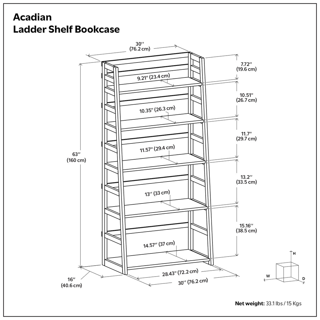 Acadian Transitional Ladder Shelf Bookcase in Dark Brunette Brown Wood, 30W x 15.9D x 63H inches - Grand Goldman