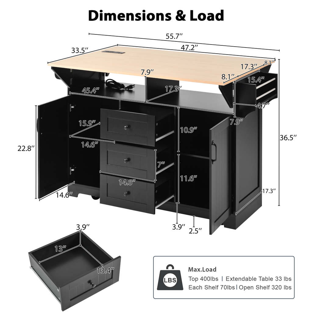 K&K 55.7'' Large Kitchen Island with 2 Drop Leaf,, Rolling Kitchen Cart on 5 Wheels with Power Outlet, Folding Storage Dining Table with Spice & Towel Rack , 3 Drawers, for Kitchen, Dining Room,Black - Grand Goldman Shop