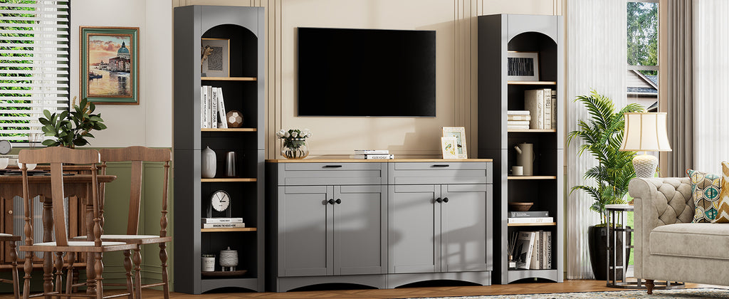 ON-TREND 3-Piece Farmhouse Entertainment Center with Storage Cabinet for TVs Up to 70', Mid-Century TV Stand with Bookshelf, Rustic Versatile Sideboard with Adjustable Shelves for Living Room, Grey - Grand Goldman Shop
