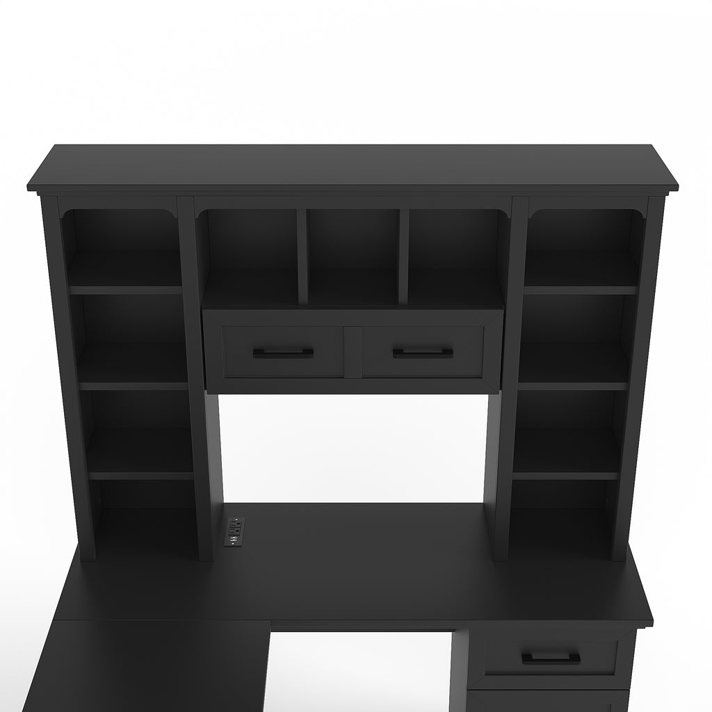 L-shaped computer desk with 2 cabinets and 2 drawers underneath the table, 11 open shelves and a flip-up shelf with storage o