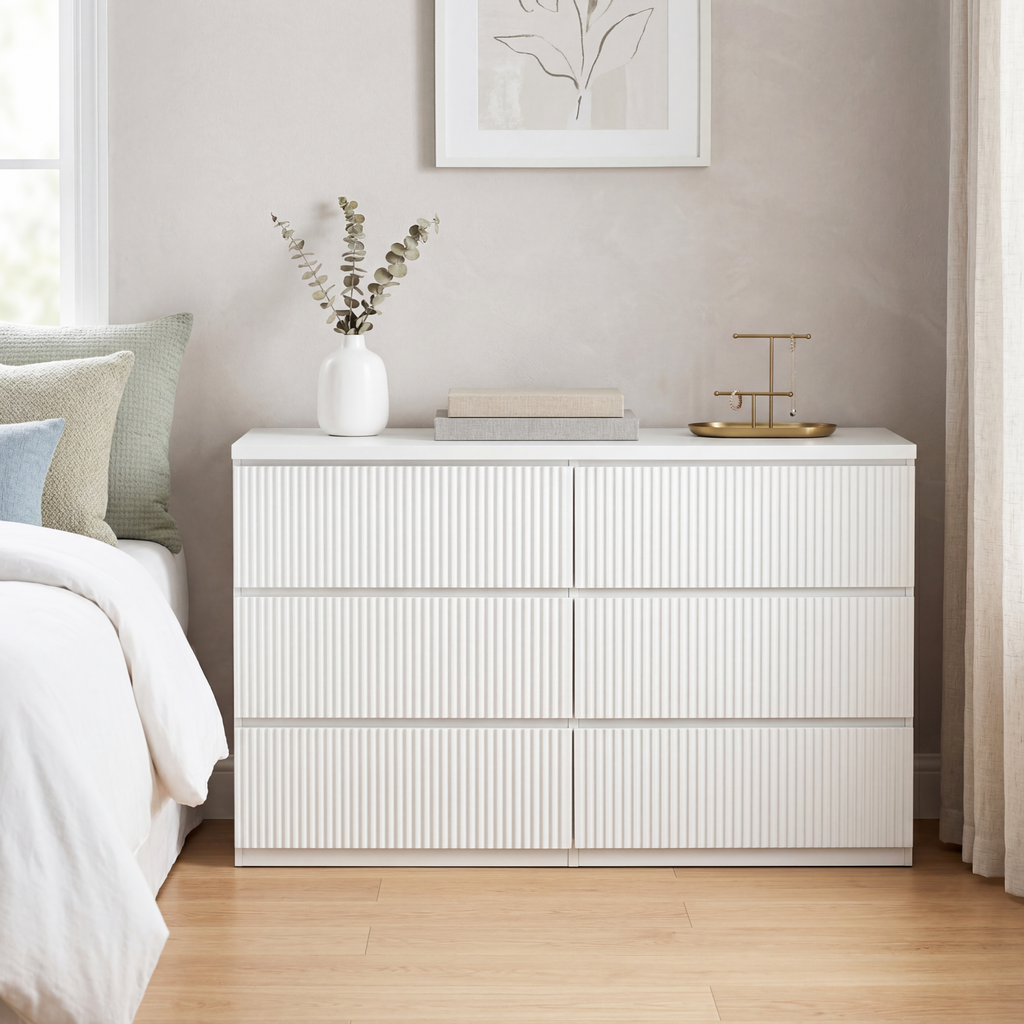 Modern White 6 Drawer Dresser, Wave Panel Drawer Fronts, Storage Cabinet, Versatile Chest of Drawers for Bedroom, Living Room - Sleek & Spacious Home Storage Solution - Grand Goldman Shop