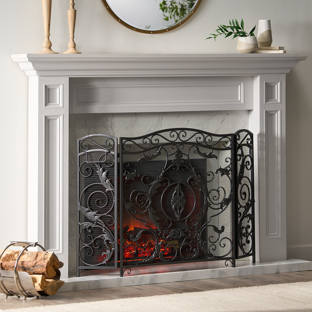 Mariella Traditional Floral Iron Fireplace Screen with Ornate Design in Black Brushed Silver Finish - Grand Goldman Shop