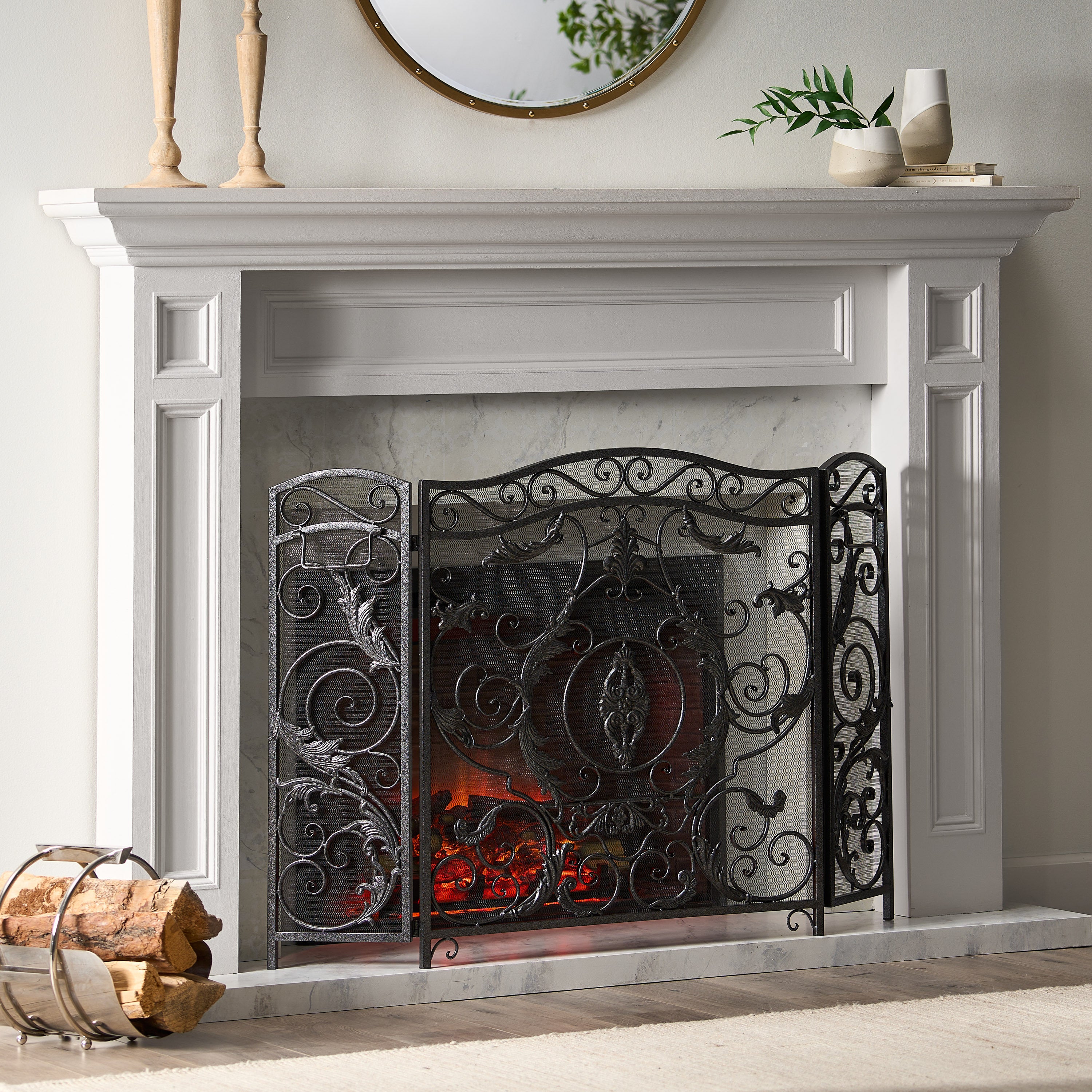 Mariella Traditional Floral Iron Fireplace Screen with Ornate Design in Black Brushed Silver Finish - Grand Goldman Shop