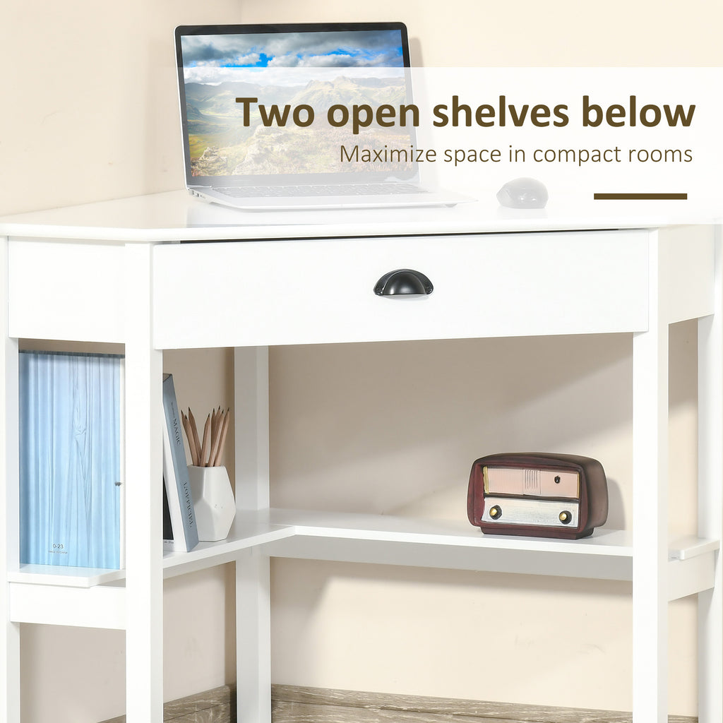 HOMCOM Corner Desk, Triangle Computer Desk with Drawer and Storage Shelves for Small Spaces, Home Office Workstation for Livi