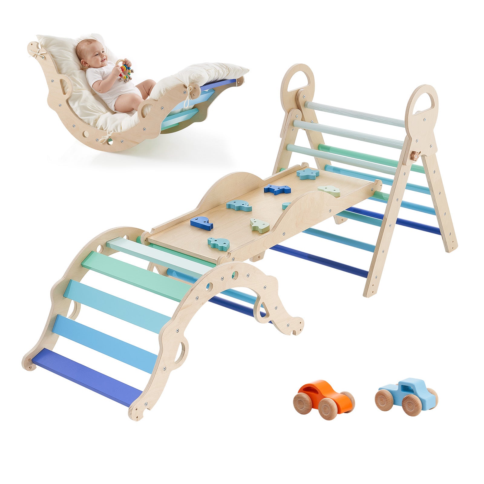 Pikler Triangle Set, 9-in-1 Toddler Climbing Toys Indoor, with 2 Wooden Cars, Cushion, Triangle, Arch, and Ramp, 150 lbs Load