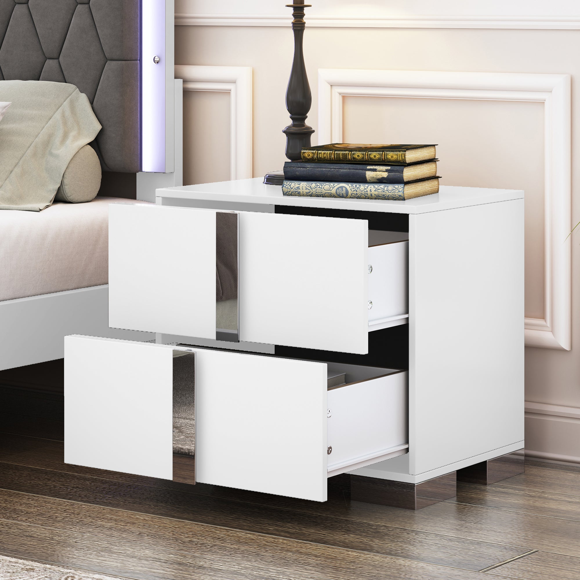 Elegant Nightstand with Metal Foot, Mirrored Bedside Table with 2 Drawers for Bedroom, Living Room, White (Old SKU: WF319353AAK) - Grand Goldman Shop