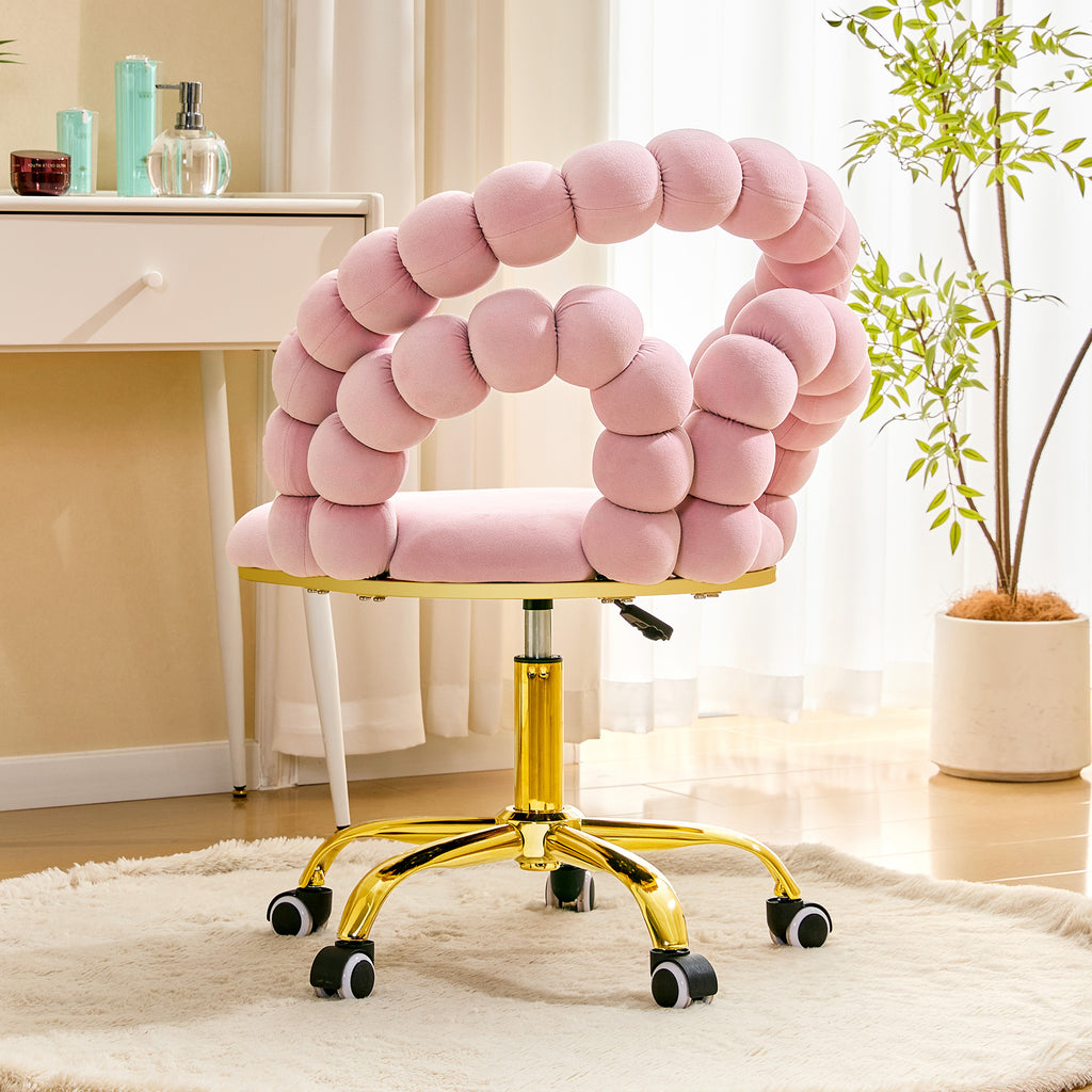 Pink Velvet Bubble Vanity Chair with Gold Base, 360° Swivel Height Adjustable Ergonomic Accent Chair, Cute Rolling Desk Chair