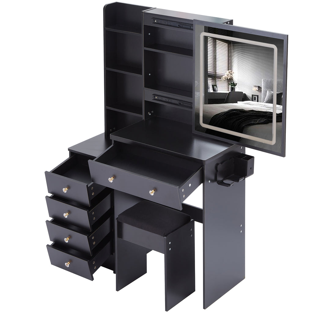 37' Middle Size Left Bedside Cabinet Vanity Table + Cushioned Stool Dresser Set, 2 AC+2 USB Socket, Hair Dryer Stand, Large Touch Control LED Sliding Mirror, 3-color Switch, EPA, GCC, UL Certificate - Grand Goldman Shop