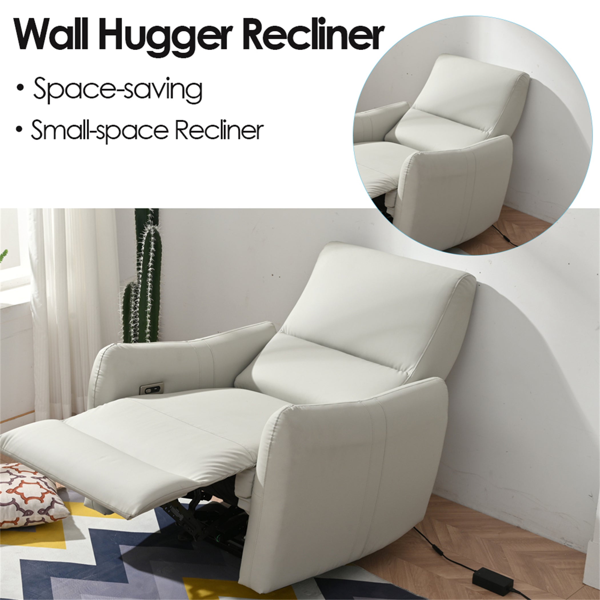 Wall Hugger Recliner, Power Recliner Chair, Electric Recliner for Living Room, PU Leather Reclining Armchair, Reclining Sofa for Bedroom/Apartment/RV, with USB Port (Type-C), Light Gray - Grand Goldman Shop