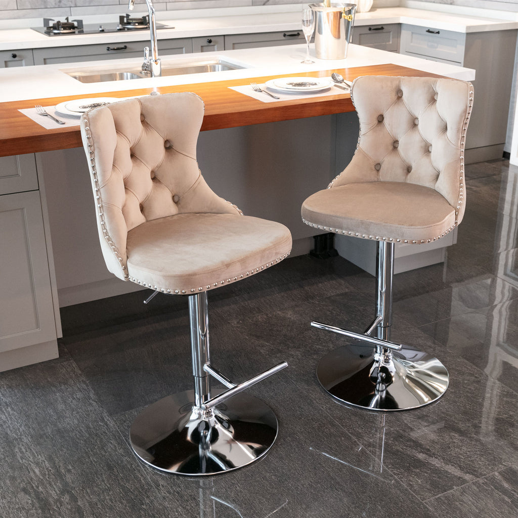 A&A Furniture,Swivel Velvet Barstools Adjusatble Seat Height from 25-33 Inch, Modern Upholstered Chrome base Bar Stools with Backs Comfortable Tufted for Home Pub and Kitchen Island（Khaki,Set of 2） - Grand Goldman Shop