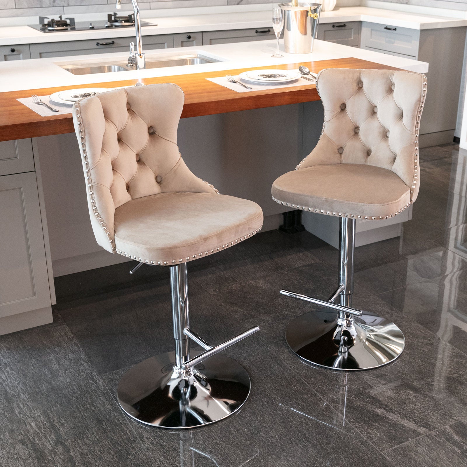 A&A Furniture,Swivel Velvet Barstools Adjusatble Seat Height from 25-33 Inch, Modern Upholstered Chrome base Bar Stools with Backs Comfortable Tufted for Home Pub and Kitchen Island（Khaki,Set of 2） - Grand Goldman Shop