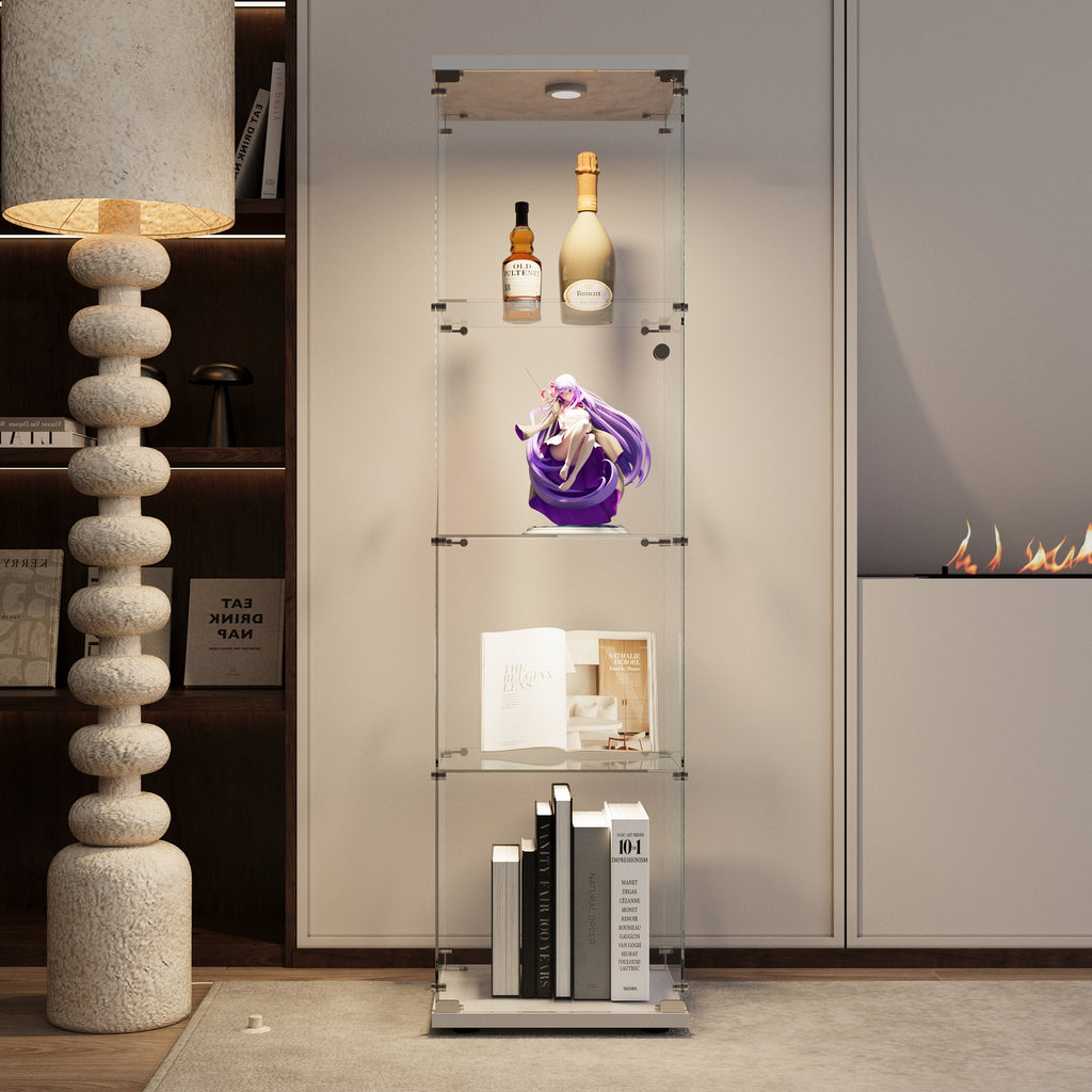 LED lights Glass Display Cabinet 4 Shelves with Door, Floor Standing Curio Bookshelf for Living Room Bedroom Office, 64.7'*16