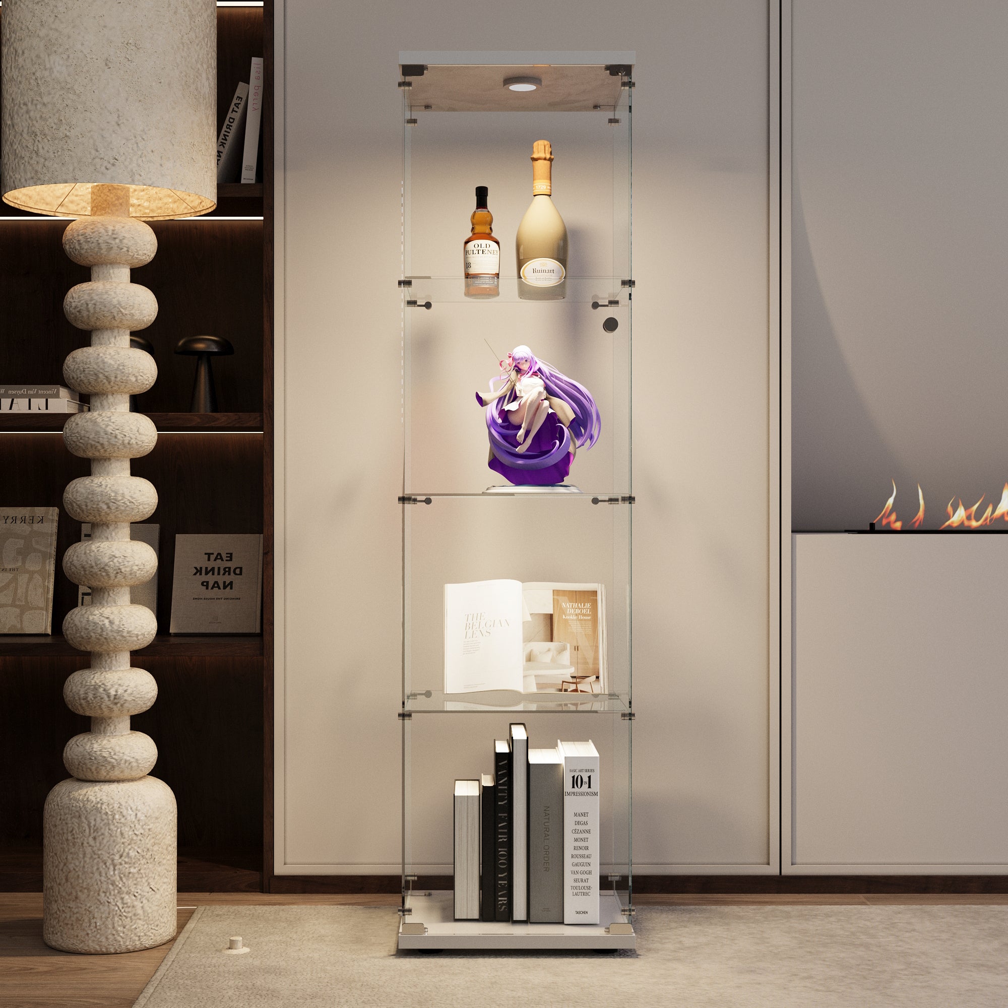LED lights Glass Display Cabinet 4 Shelves with Door, Floor Standing Curio Bookshelf for Living Room Bedroom Office, 64.7'*16