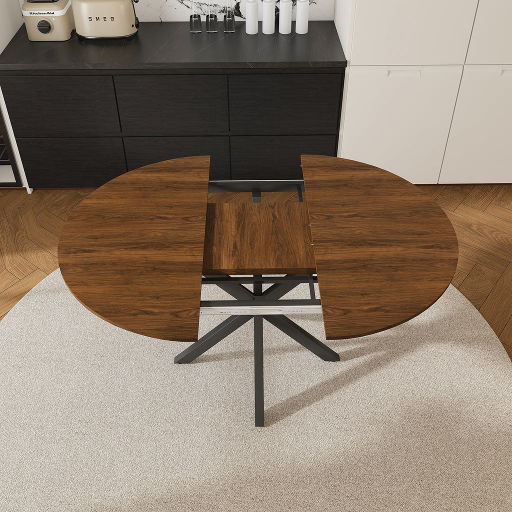 Modern Solid Wood Veneer Retractable Dining Table, Round Extendable 6-Person Table, Walnut MDF with Carbon Steel Base, 42-58 Inches - Grand Goldman Shop