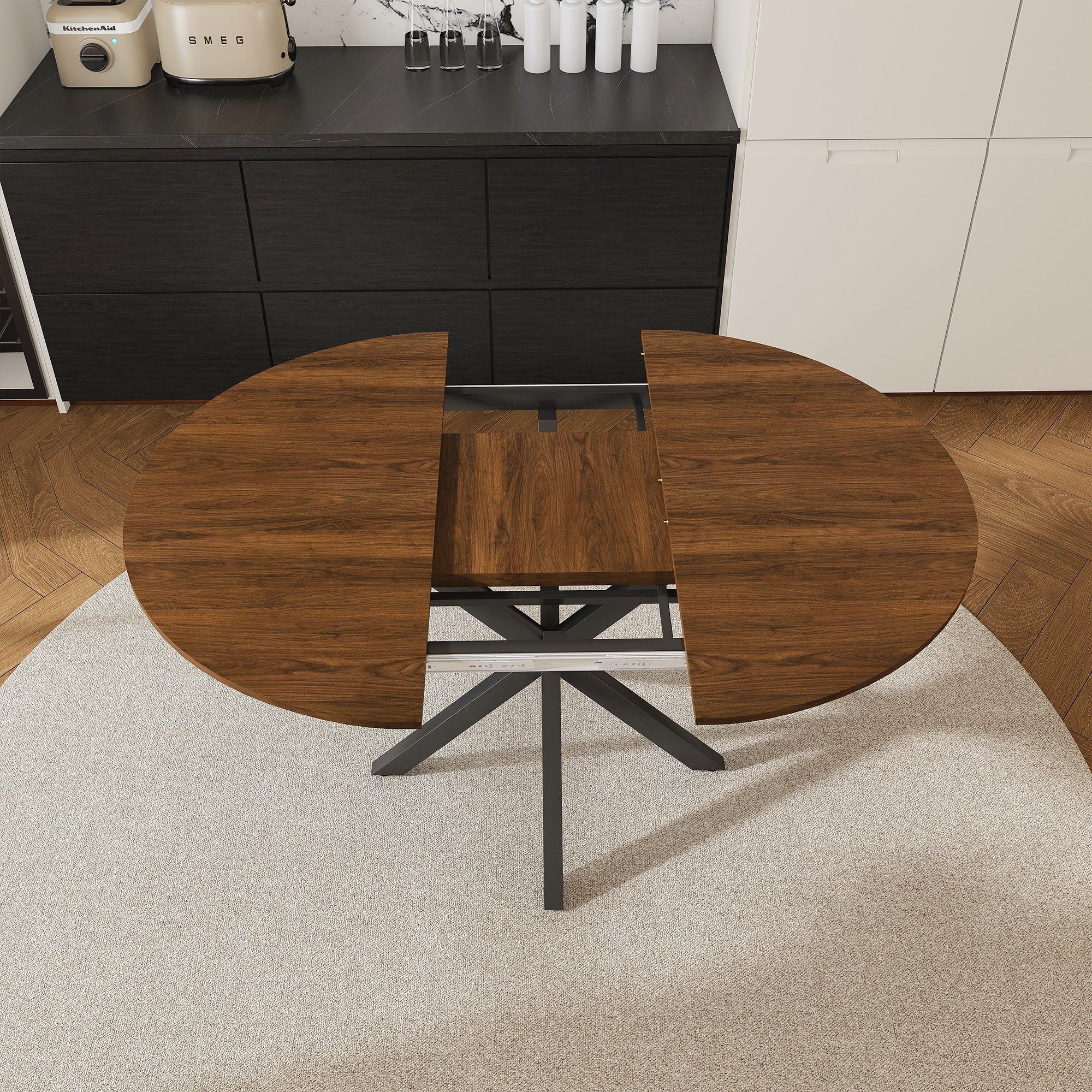 Modern Solid Wood Veneer Retractable Dining Table, Round Extendable 6-Person Table, Walnut MDF with Carbon Steel Base, 42-58 Inches - Grand Goldman Shop