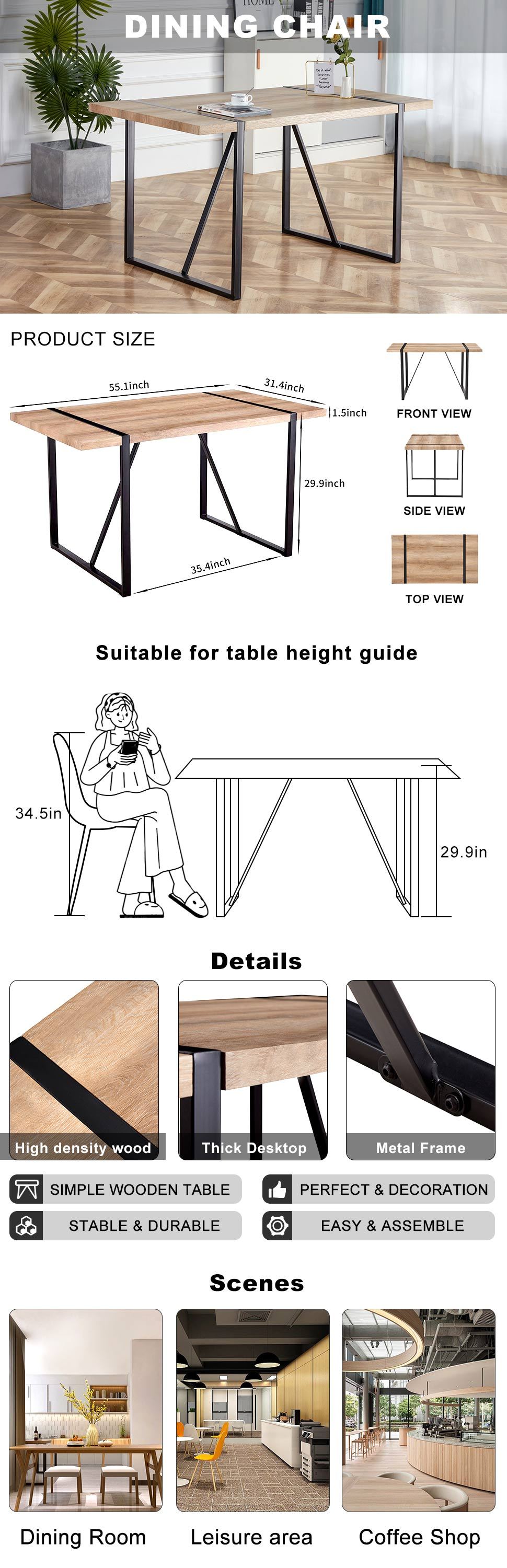 Rustic Industrial Rectangular Wood Dining Table For 4-6 Person, With 1.5' Thick Engineered Wood color Tabletop and Black Metal Legs,Desk For Kitchen Dining Living Room, 55.1' x 31.4'x 29.9'1529W115172 - Grand Goldman Shop