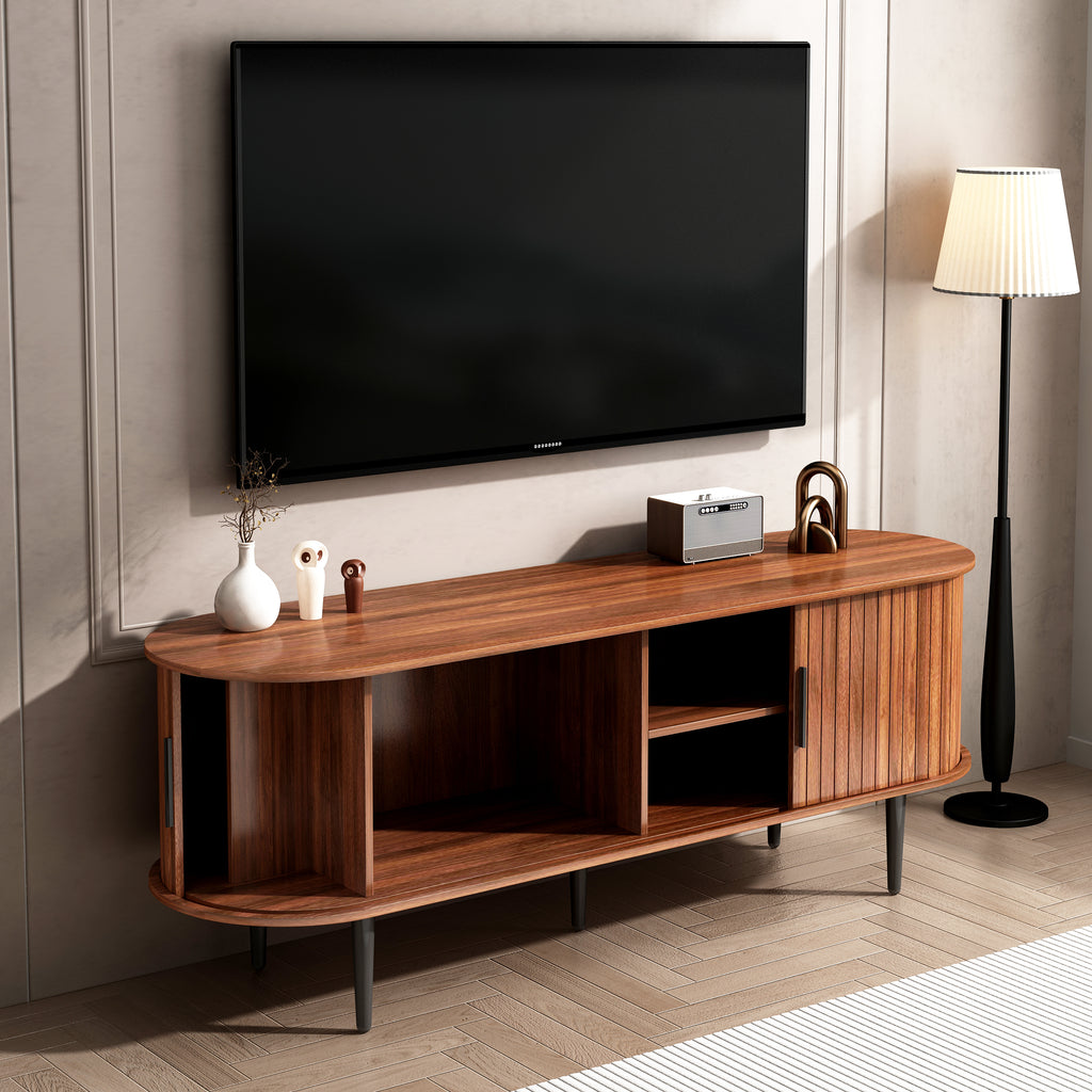 TV Stand, 55' Modern TV Console Table with Storage Compartment and Sliding Door, Gaming Entertainment Center with Cabinet for Living Room, Bedroom, Office (Walnut) - Grand Goldman Shop
