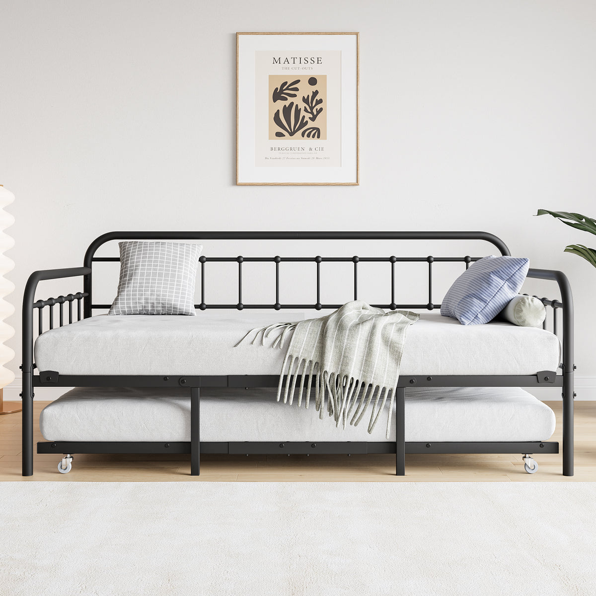 Twin Size Metal Daybed Frame with Trundle, Heavy Duty Steel Slat Support Sofa Bed Platform with Headboard, No Box Spring Needed, Black - Grand Goldman Shop