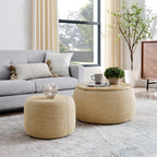 Woven Rattan Fabric Round Storage Ottoman with 2-in-1 Function as End Table and Ottoman, Dark Yellow, 25'x25'x14.7' - Grand Goldman Shop