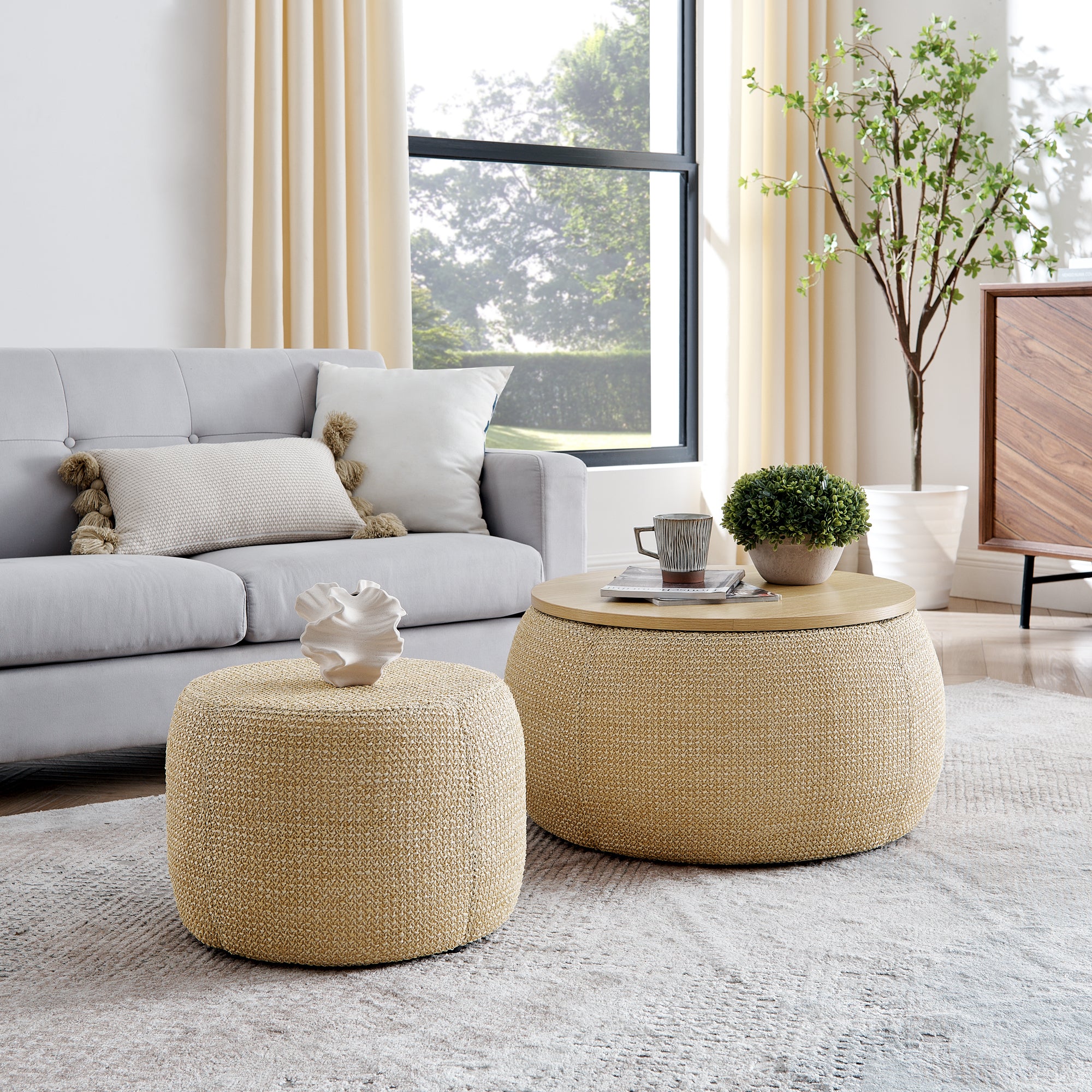 Woven Rattan Fabric Round Storage Ottoman with 2-in-1 Function as End Table and Ottoman, Dark Yellow, 25'x25'x14.7' - Grand Goldman Shop