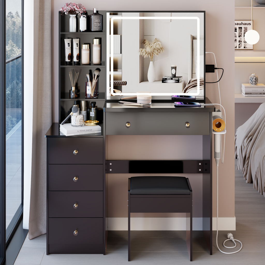 37' Middle Size Left Bedside Cabinet Vanity Table + Cushioned Stool Dresser Set, 2 AC+2 USB Socket, Hair Dryer Stand, Large Touch Control LED Sliding Mirror, 3-color Switch, EPA, GCC, UL Certificate - Grand Goldman Shop