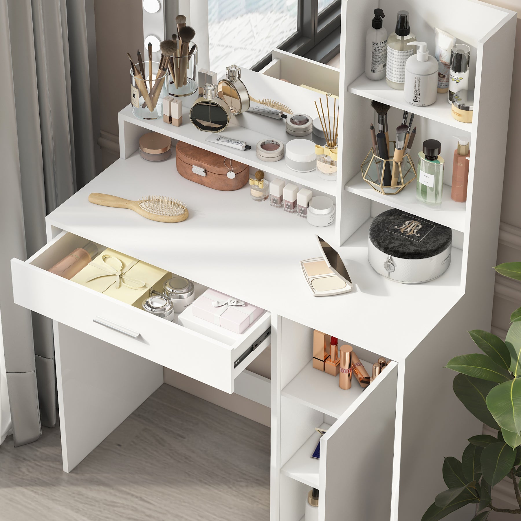 Vanity Desk with Mirror & Light, Large Drawer Three Level Storage Dresser, 3 Lighting Modes Adjustable Brightness, Bedroom Dressing Table(white) - Grand Goldman Shop