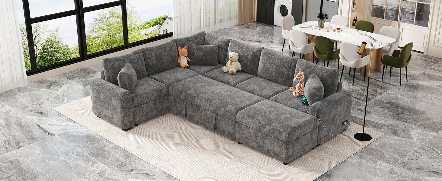 Modern Sectional Sofa Pull-out Sleeper with Storage Ottoman, USB Charging, Grey Tweed Chenille, 112.2' - Grand Goldman Shop