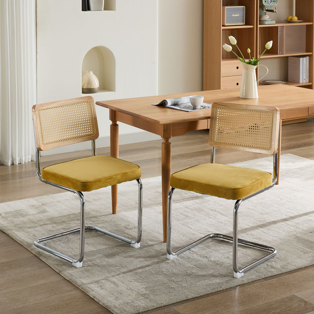 Mid Century Modern Dining Chairs Set of 2, Velvet Accent Chairs with Natural Cane Back & Stainless Chrome Base, Famous Breuer Designed Chairs, Upholstered Rattan Kitchen Chairs,Golden - Grand Goldman Shop