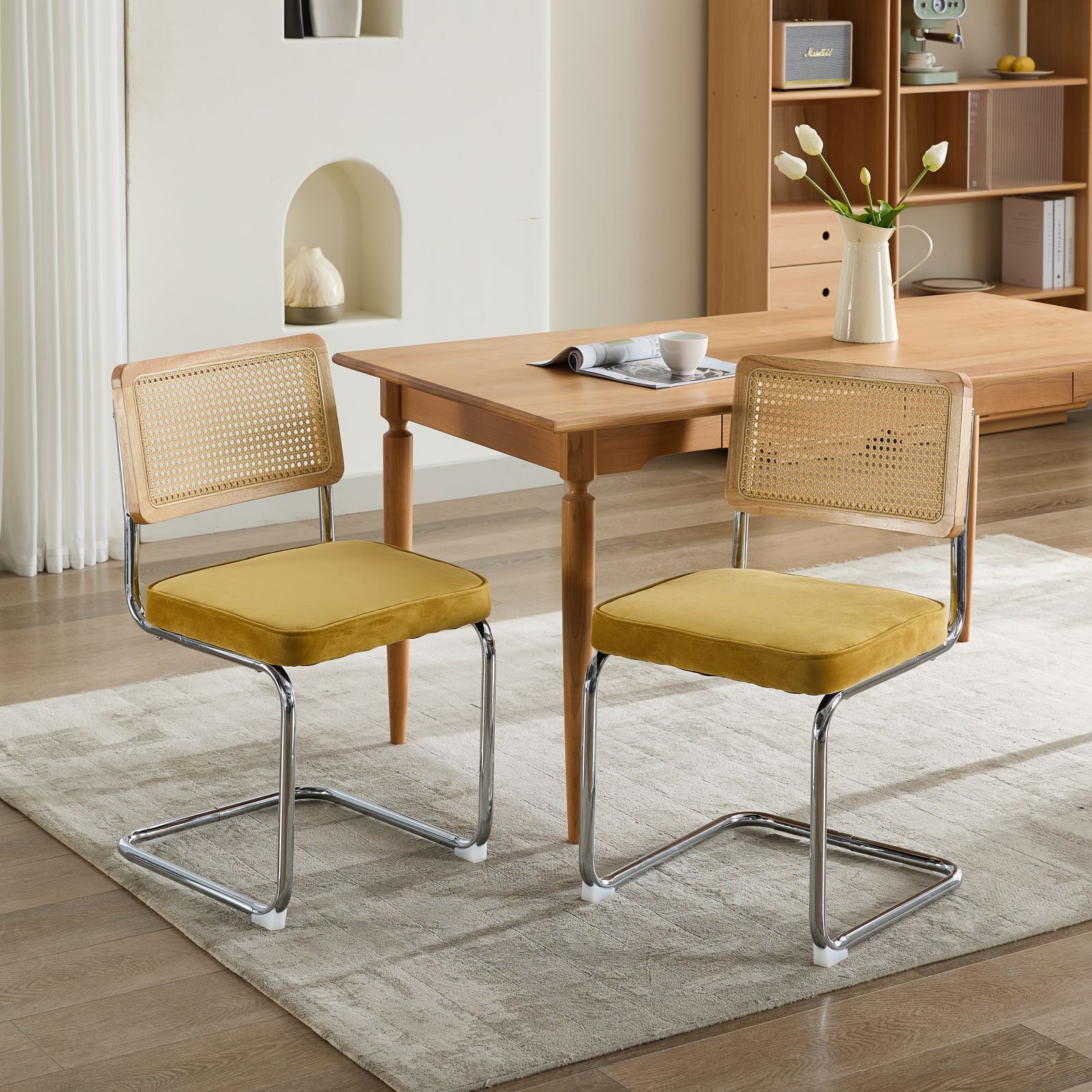 Mid Century Modern Dining Chairs Set of 2, Velvet Accent Chairs with Natural Cane Back & Stainless Chrome Base, Famous Breuer Designed Chairs, Upholstered Rattan Kitchen Chairs,Golden - Grand Goldman Shop
