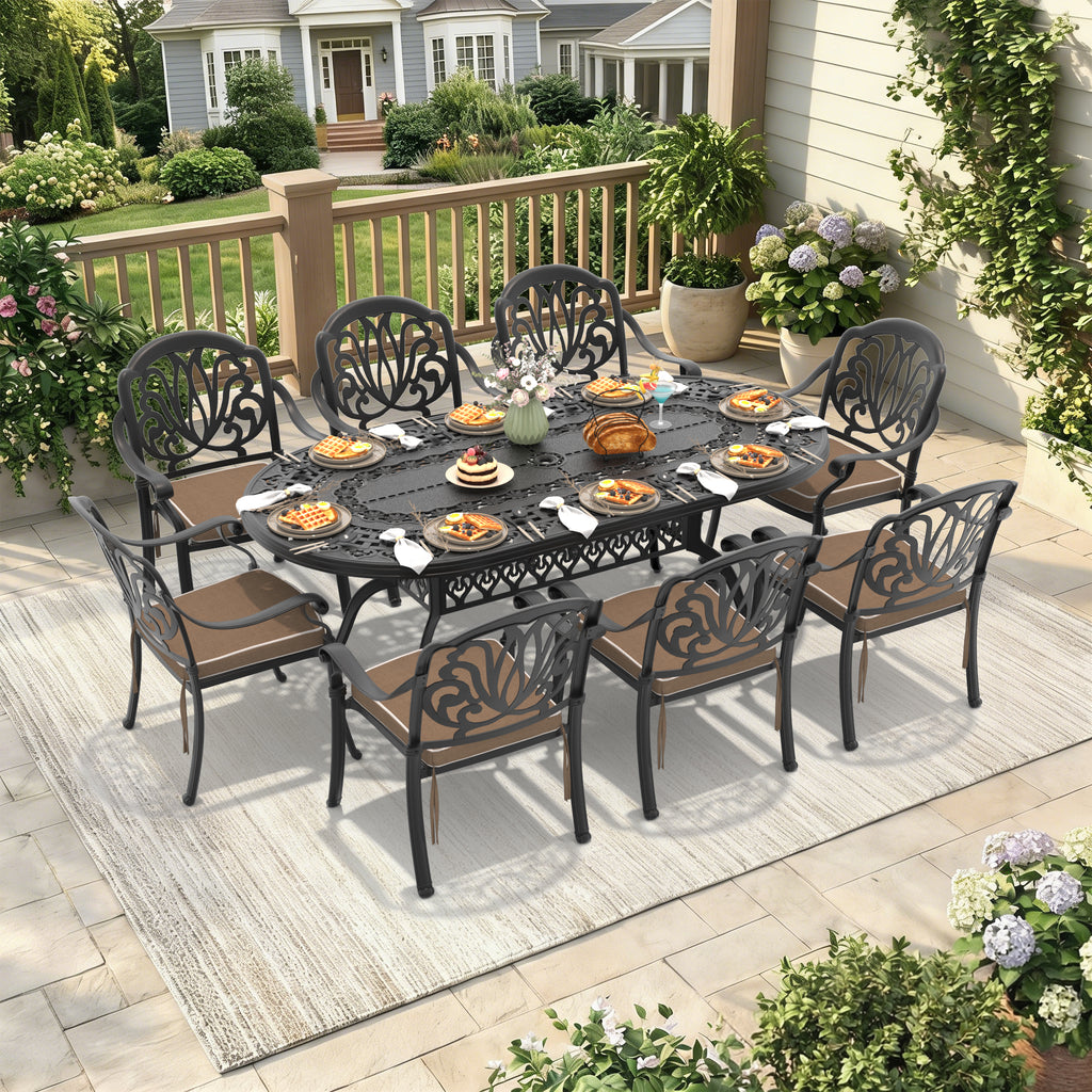 9-Piece Set Of Cast Aluminum Patio Furniture With Black Frame and Brown Seat Cushions(same sku:W1710S00104 , W1710S00600,W1710S00039)