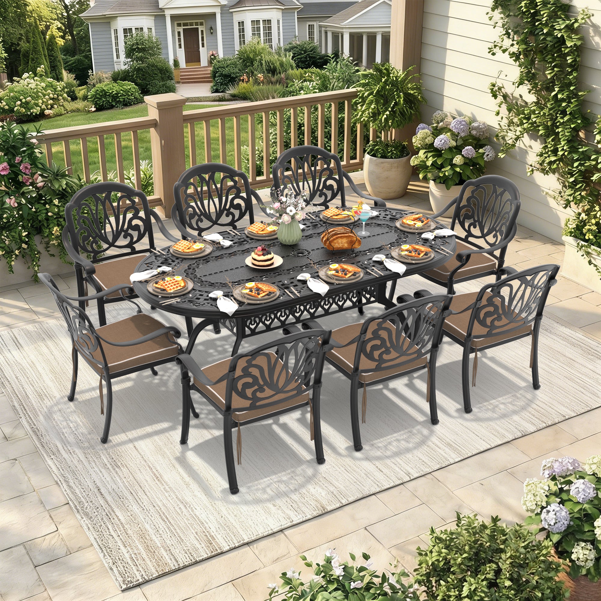 9-Piece Set Of Cast Aluminum Patio Furniture With Black Frame and Brown Seat Cushions(same sku:W1710S00104 , W1710S00600,W1710S00039)