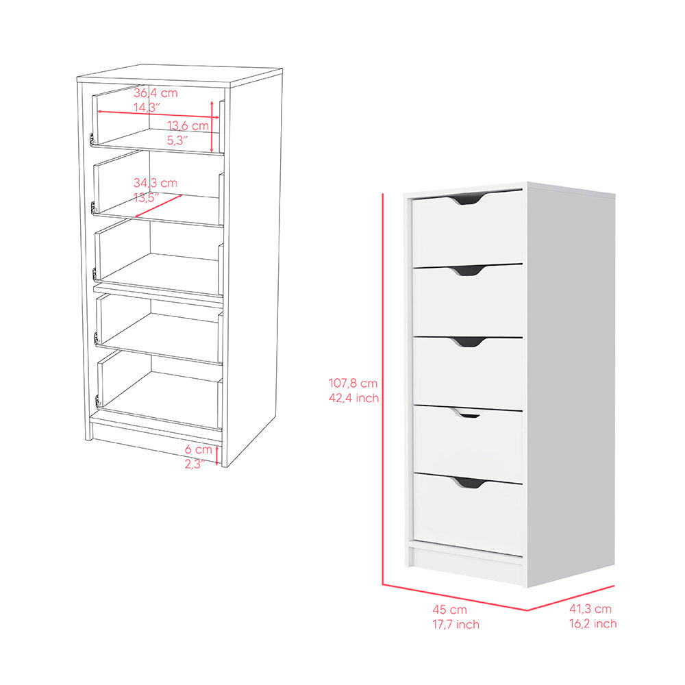 Dresser Kamran, Five Drawer Narrows, White Finish - Grand Goldman Shop
