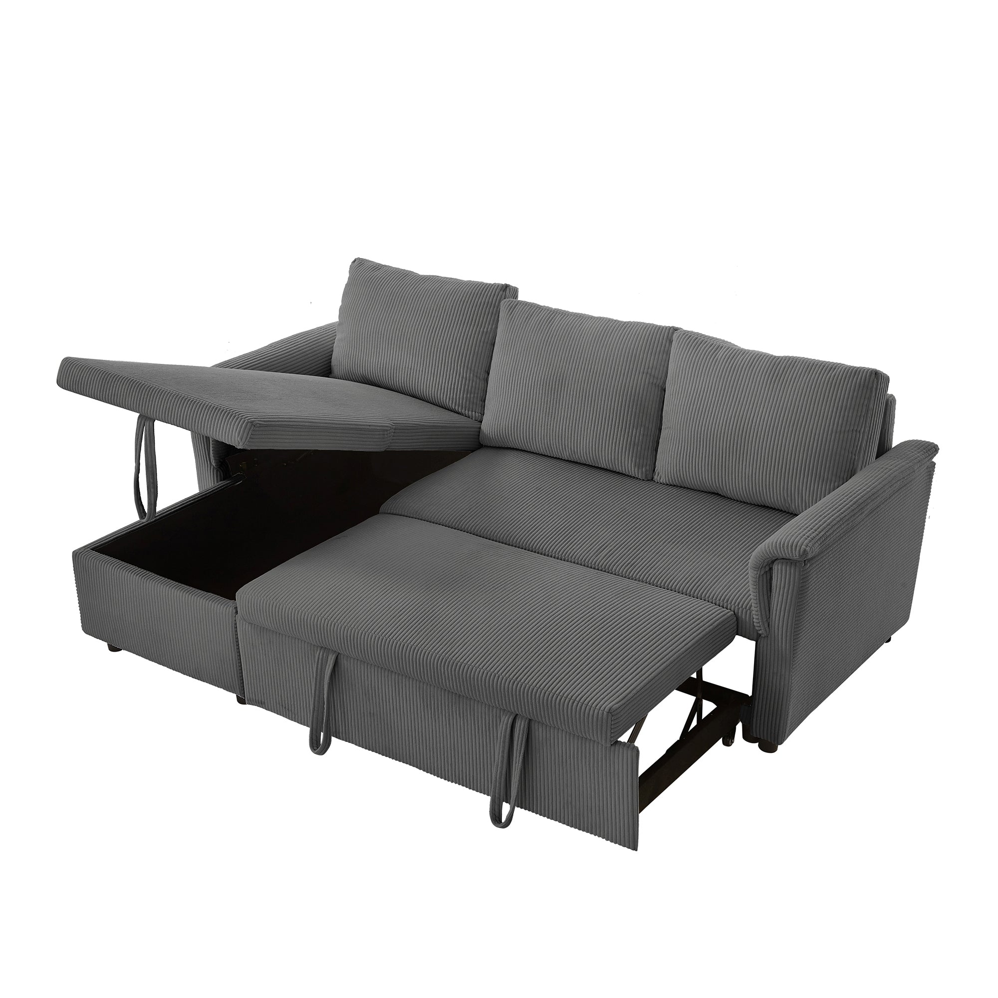 Loveseat Sofa with Chaise Lounge L-Shaped Modular Convertible Sofa with Storage Chaise, Corduroy Tufted Upholstered Sleeper Sectional Sofa,Pull Out Sleep Couch Bed and Reclining Backrest-Gray - Grand Goldman Shop