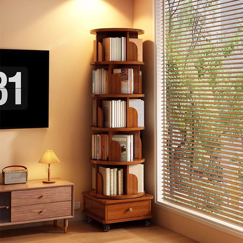 (UPGRADED) Rotating Bookshelf, 360 Display Corner Bookshelf for Small Space, 6 Tier Bookcase Storage Rack with Wheels, Wood Narrow Organizer for Bedroom, Living Room, Study Room, Walnut Brown - Grand Goldman Shop