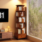 (UPGRADED) Rotating Bookshelf, 360 Display Corner Bookshelf for Small Space, 6 Tier Bookcase Storage Rack with Wheels, Wood Narrow Organizer for Bedroom, Living Room, Study Room, Walnut Brown - Grand Goldman Shop